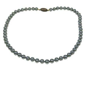 Vintage Gray Imitation Pearl Necklace Goldtone Fish Clasp 18 inch Collar